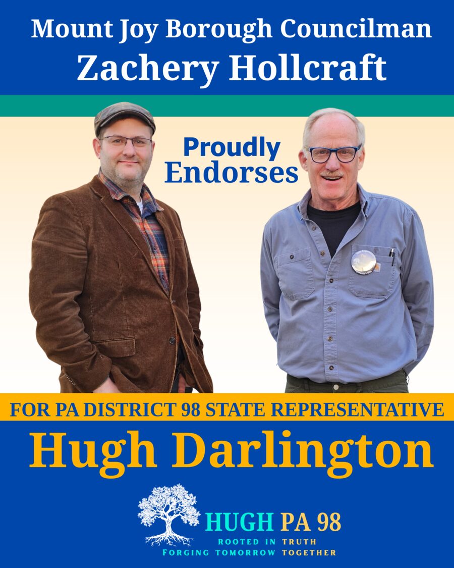 Zachery Hollcraft, Mount Joy Borough Councilman endorses Hugh Darlington